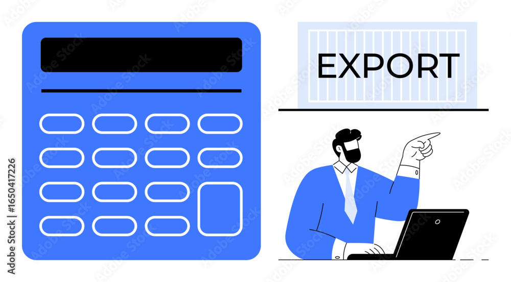 Poster large blue calculator alongside a professional pointing at export text with a laptop. ideal for inte
