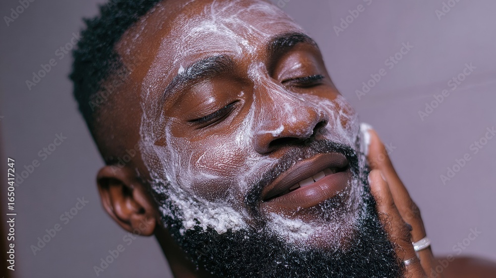 Aufkleber man enjoying a cleansing face wash routine in a serene bathroom setting during morning hours