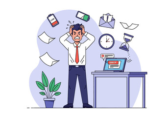 Flat illustration of stressed businessman with computer error, deadline pressure, flying documents, low battery, and clock, symbolizing workplace burnout, anxiety, overwork, and frustration