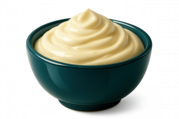 Creamy mayonnaise swirling in a green bowl, isolated on a transparent background, perfect for food and cooking projects