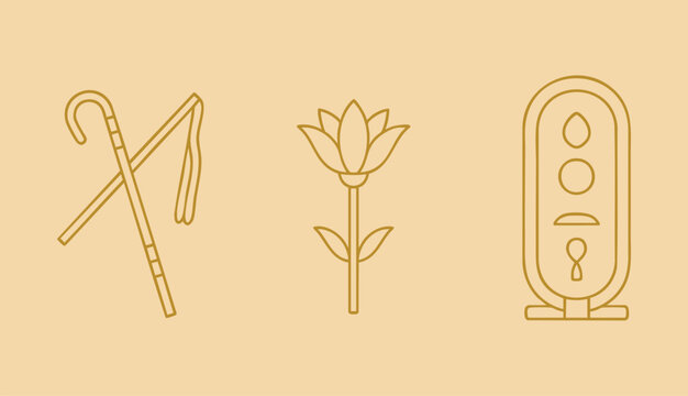 Ancient Egyptian icons crook and flail lotus flower and cartouche