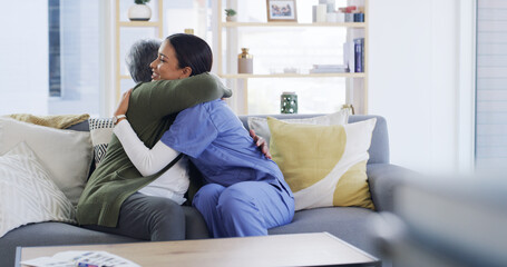 Senior woman, nurse and hug in home for medical support, recovery progress or celebration. Happy,...