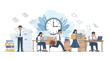 Flat illustration of office employees overwhelmed by paperwork and deadlines, showing stress, workload, time management issues, business pressure, productivity challenges, and workplace anxiety