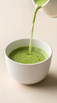 a white ceramic cup filled with frothy, green matcha tea, being poured from a white bowl above. The tea's vibrant green color contrasts against a soft beige background