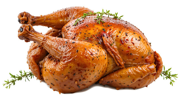 Transparent PNG available Golden brown roasted whole chicken with fresh thyme herbs isolated on