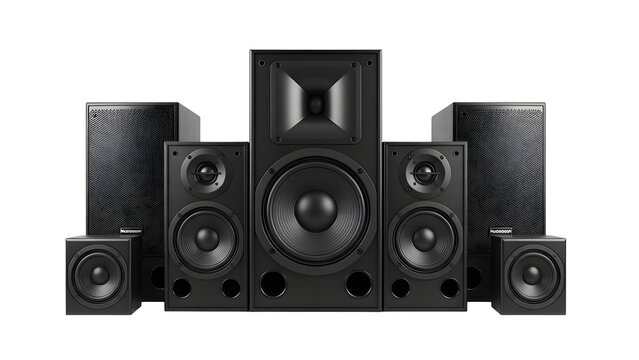 Best home theater speaker system black audio speakers surround sound system for music and movies experience on transparent background