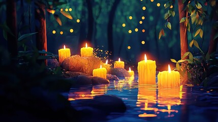 Obraz premium Illuminated candles on rocks in a tranquil forest stream.