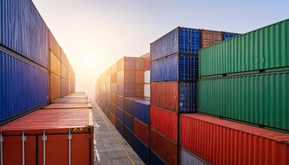 Fototapeta premium Rows of colorful cargo containers at a freight terminal with a bright sunrise