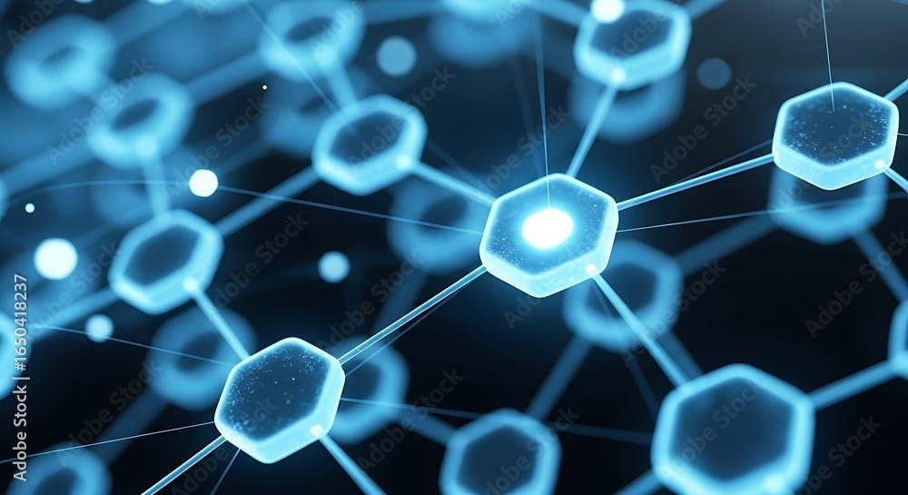 Poster closeup of a glowing blue hexagonal network structure, symbolizing digital connections and data flow