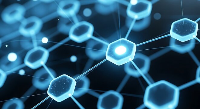Closeup of a glowing blue hexagonal network structure, symbolizing digital connections and data flow