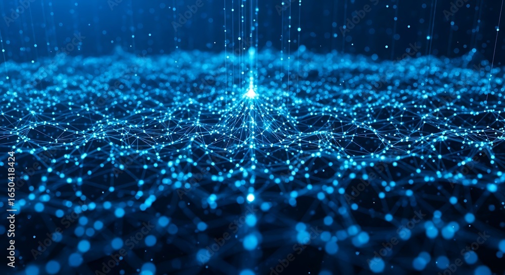 Poster abstract digital network of glowing blue particles and lines, representing data connections and tech