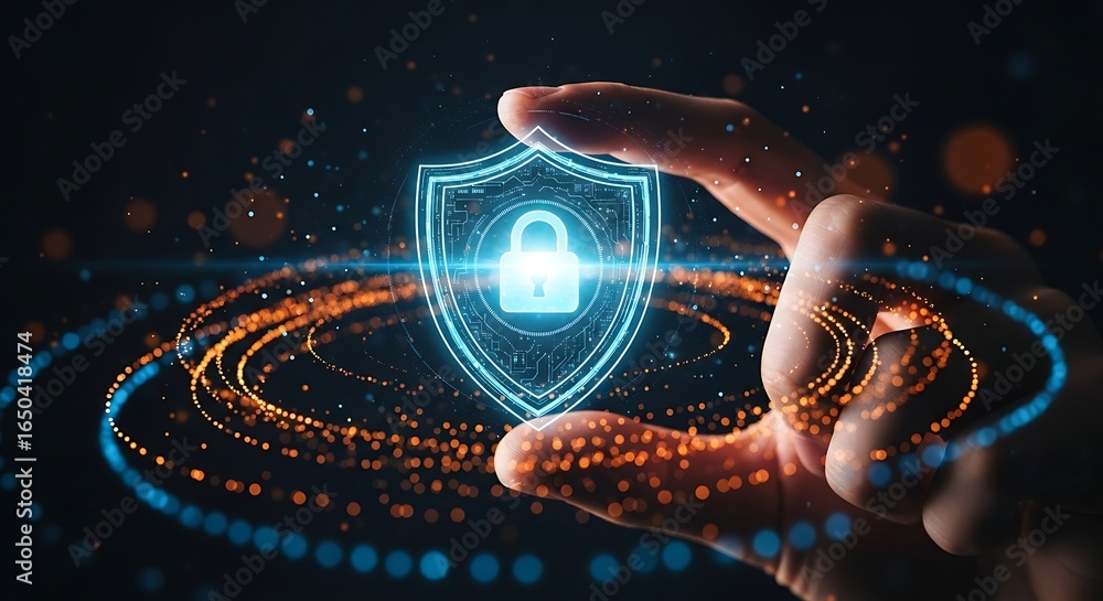 Aufkleber cyber security concept with a glowing shield and lock icon held by a hand, representing data protect