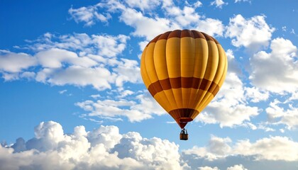 Naklejka premium Colorful hot air balloon flight against a picturesque blue sky with white clouds, an escape to freedom and tranquility.