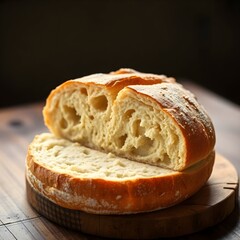 Fresh Marrequeta Bread Close-Up: Golden Crispy Crust & Airy Interior with Rising Steam - Cinematic Food Photography on Rustic Table (Ultra HD)