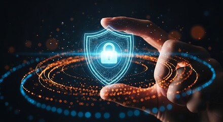 Cyber security concept with a glowing shield and lock icon held by a hand, representing data protection and digital safety