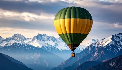 Fototapeta premium An adventurous journey in a hot air balloon flying over a majestic snow-capped mountain range.