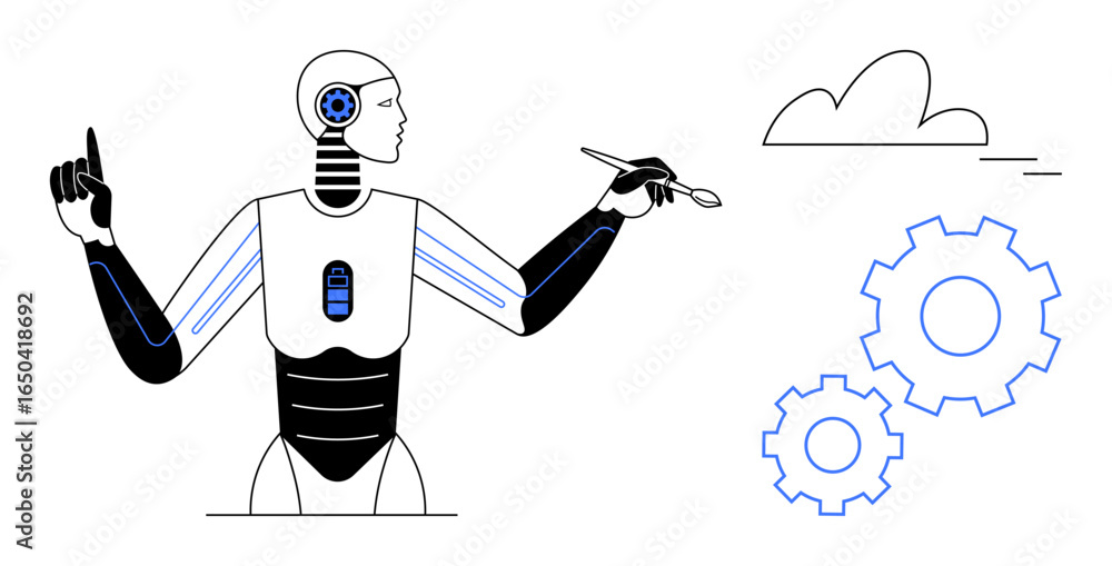 Poster humanoid robot holding a brush, engaging with a cloud and gears. ideal for ai innovation, creativity