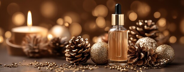 A serene arrangement featuring a glass dropper bottle surrounded by golden ornaments, pinecones, and a candle, evoking a warm, festive atmosphere perfect for the holiday season.