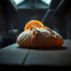 Fresh Marrequeta Bread Close-Up: Golden Crispy Crust & Airy Interior with Rising Steam - Cinematic Food Photography on Rustic Table (Ultra HD)