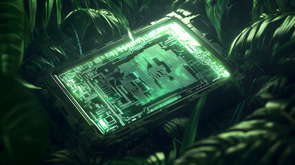 Futuristic green glowing artifact in a lush tropical environment for technology design