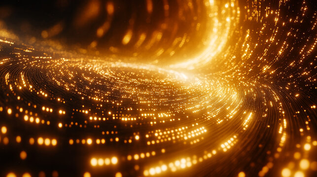 Golden spiral of light particles swirling into a bright center