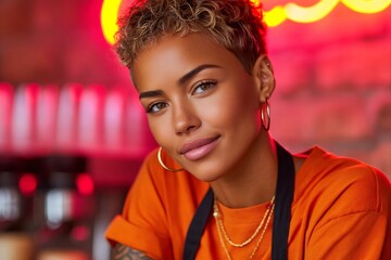 Young barista woman smiling in coffee shop with neon lights