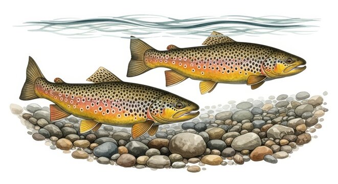 Two Brown Trout in a Rocky Stream - Detailed illustration of two brown trout swimming in a clear stream above a bed of smooth river rocks