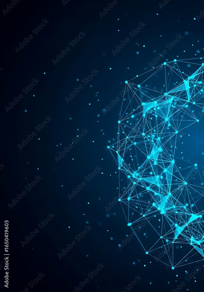 Poster abstract glowing sphere network of blue connected lines and dots on a dark background