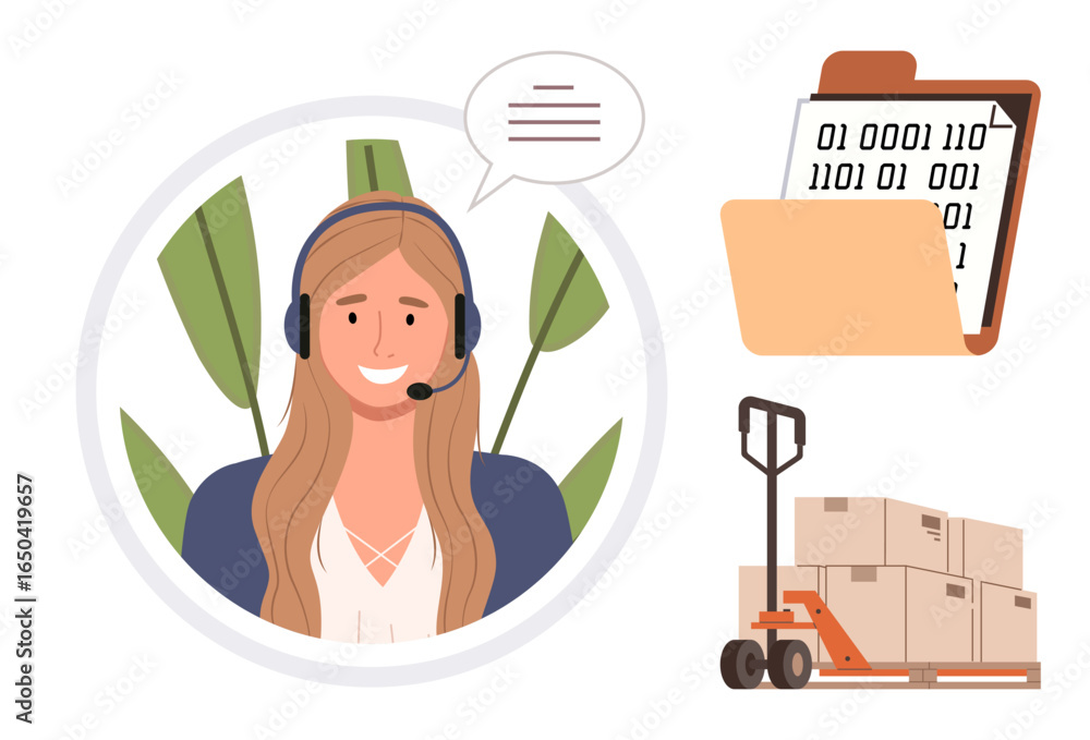 Poster woman with a headset communicating, binary code folder representing data, and pallet jack with boxes