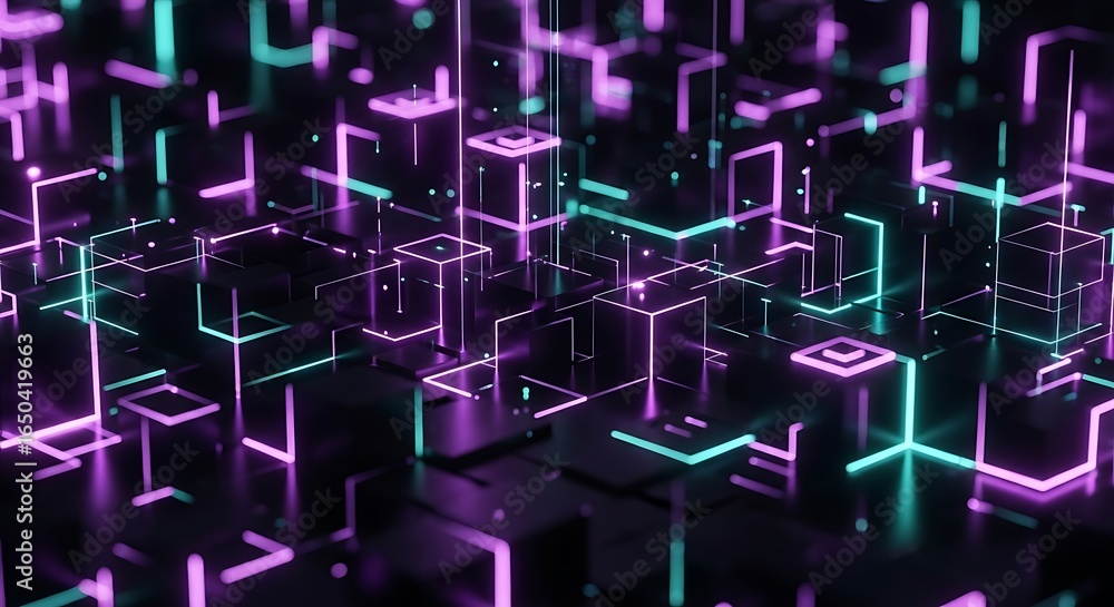Poster abstract futuristic digital network with glowing neon lines and cubes, representing technology and d