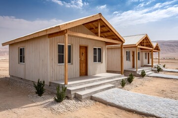 Row of wooden houses in desert landscape under blue sky