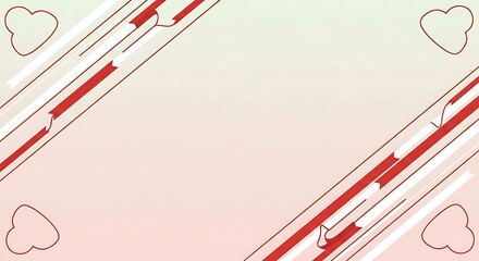 Obraz premium Abstract background with red and white diagonal lines, and heart shapes in the corners, creating a soft, romantic, and modern design.