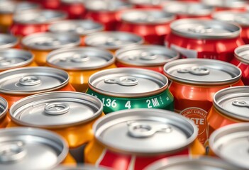 Close-up of numerous aluminum soda can tops stacked neatly,  close-up,  graphic