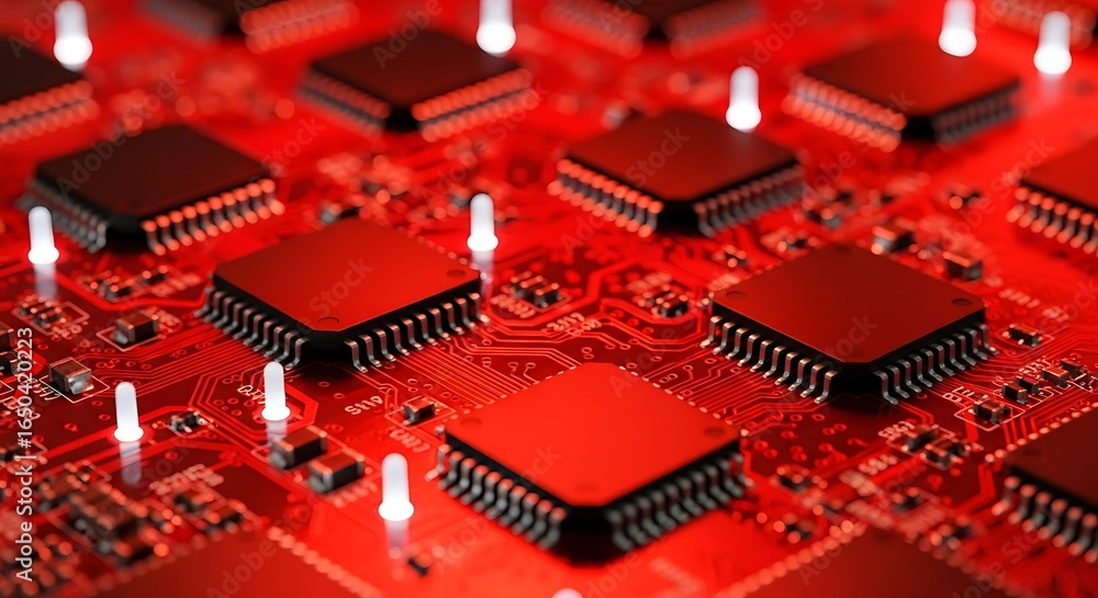 Poster closeup view of a red circuit board with multiple computer chips and glowing lights, representing te