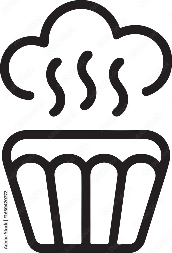 Poster Simple black line drawing of a steaming cupcake or muffin in a wrapper