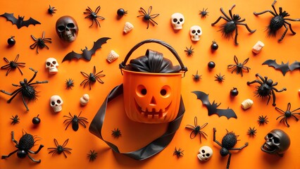 Halloween trick or treat bucket surrounded by spooky decorations like spiders, bats, and skulls on orange background