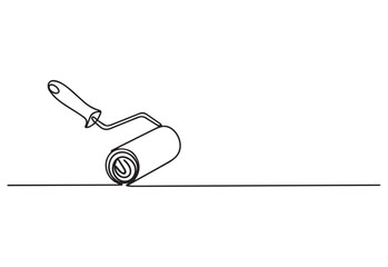 Minimalist single line drawing of a paint roller applying a line tool
