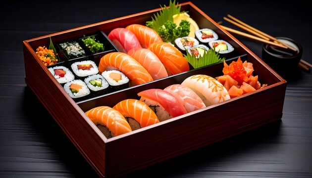 Sushi Bento Box with Dark Wood Table.