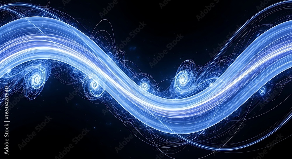 Poster abstract glowing blue energy wave with particles, representing dynamic flow and futuristic technolog