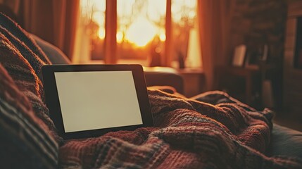 A tablet with a blank screen rests on a cozy plaid blanket draped over a couch, bathed in the warm glow of a sunset visible through a nearby window