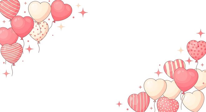An illustrative corner border of romantic pink and cream heart-shaped balloons with sparkling stars.
