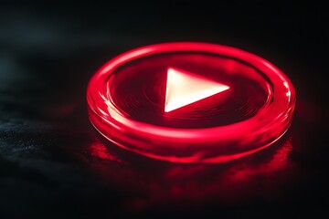 Red glowing play button video player logo on a black background. Red neon light sign of a Play icon in a circular frame