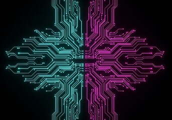 Abstract glowing circuit board pattern with blue and purple neon lights on black background