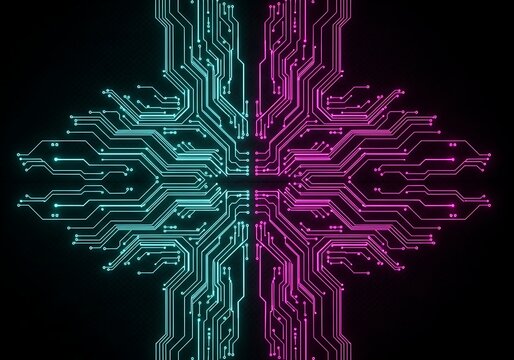 Abstract glowing circuit board pattern with blue and purple neon lights on black background