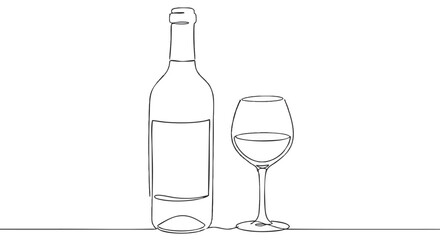 Elegant Wine Bottle and Glass Single Line Drawing Illustration