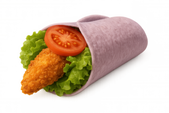 Purple wrap containing crispy fried chicken, fresh lettuce, juicy tomato slice on transparent background, ideal for food marketing and menu presentations