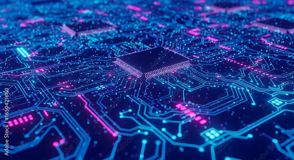 Aufkleber closeup of a futuristic computer processor on a glowing circuit board with intricate pathways and ne
