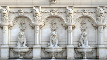 Elegant historical fountain facade with intricate details featuring lion sculptures