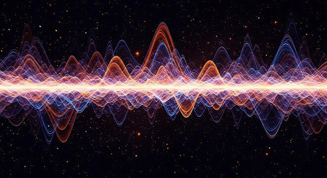 Abstract visualization of a vibrant sound wave with glowing particles and energetic patterns, representing audio or data