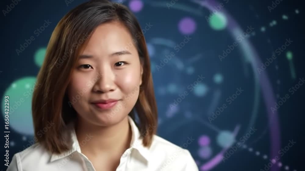 Aufkleber asian woman smiling confidently in a tech presentation setting with data graphics